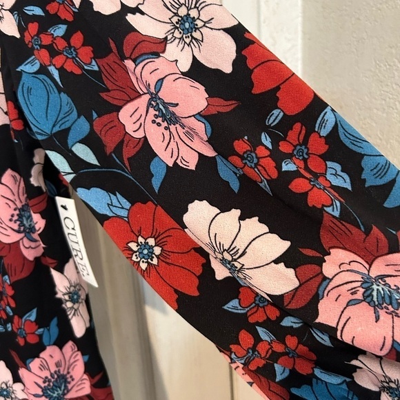 NWOT CURE Black with Floral Design Gathered Ruffled Neckline - Picture 4 of 5